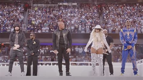 Feb 13, 2022, 08:49 PM EST. ... lit up the Super Bowl LVI Halftime Show at SoFi Stadium on Sunday night with a groundbreaking performance alongside co-headliners Eminem and Mary J. Blige. Advertisement. The show, which is the third to be curated by Jay-Z’s Roc Nation company, gave hip-hop and rap music its biggest stage at the game to date. ...